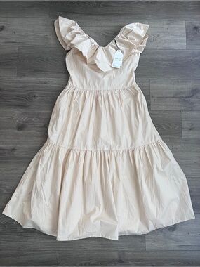 ENGLISH FACTORY Tiered Midi Dress Medium Cream Ruffle Pockets Cottagecore Boho